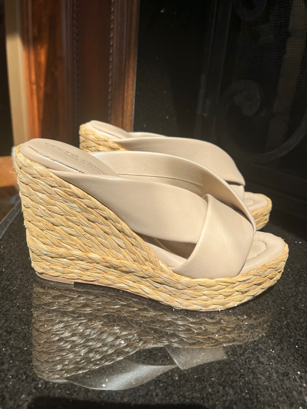 Andre Assous Neutral Leather Crisscross Espadrille Wedge Sandals